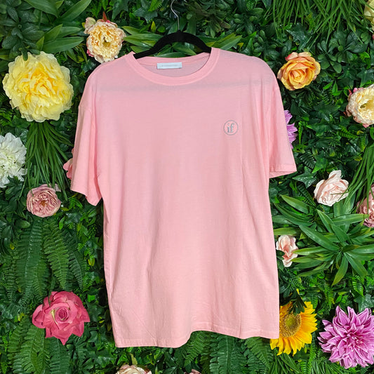 T-shirt oversize rosa con ricamo argento